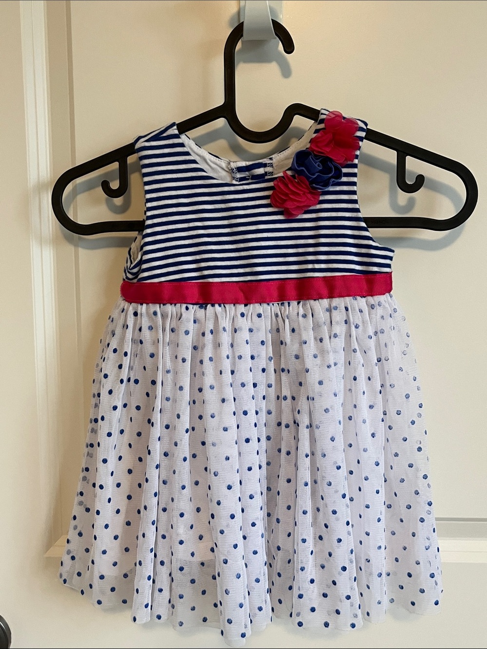 Little Me Girls Navy & White Striped Polka Dot Dress with Pink Trim
